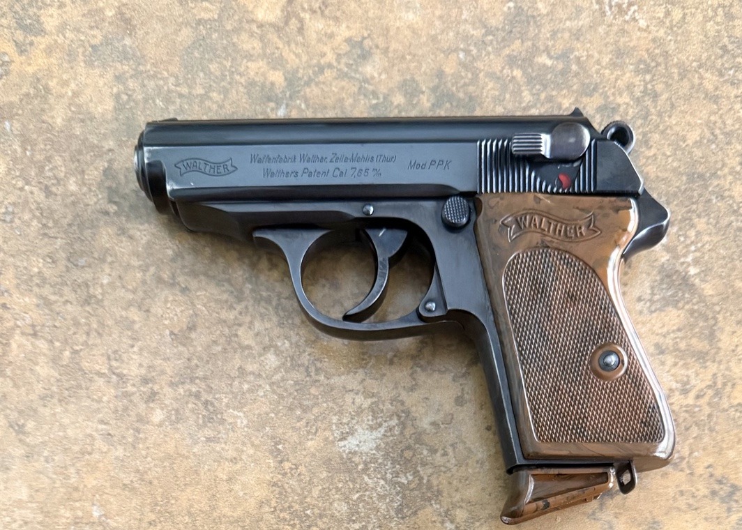 Close view of the 1935 Walther PPK markings and grips