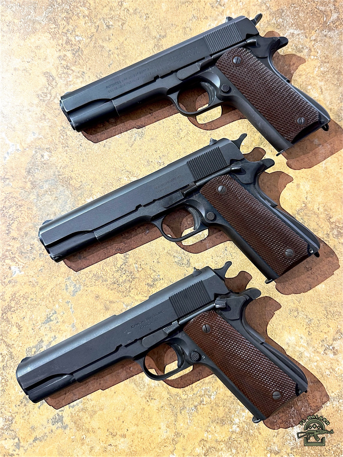 Three M1911A1 pistols photographed for Florida Kalash Media
