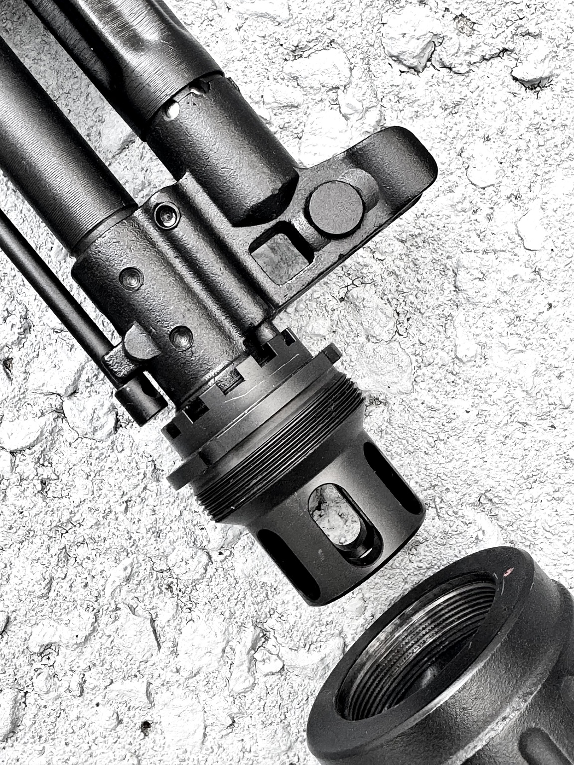 Close-up of the On My Level muzzle device HUB interface and threading